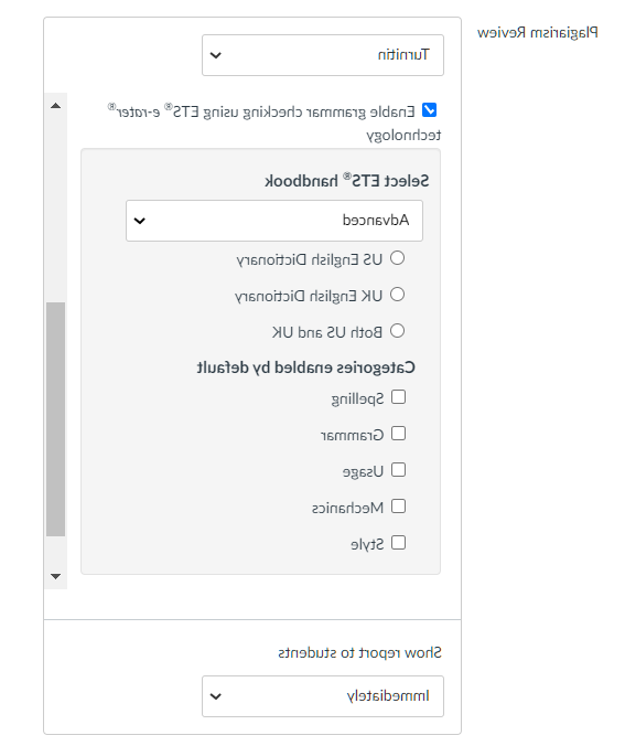 screenshot showing turnitin erater settings