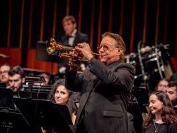 Trumpet master Arturo Sandoval plays with the University Wind Symphony at Alexander Kasser Theater as part of the Cali Immersive Residency Program.